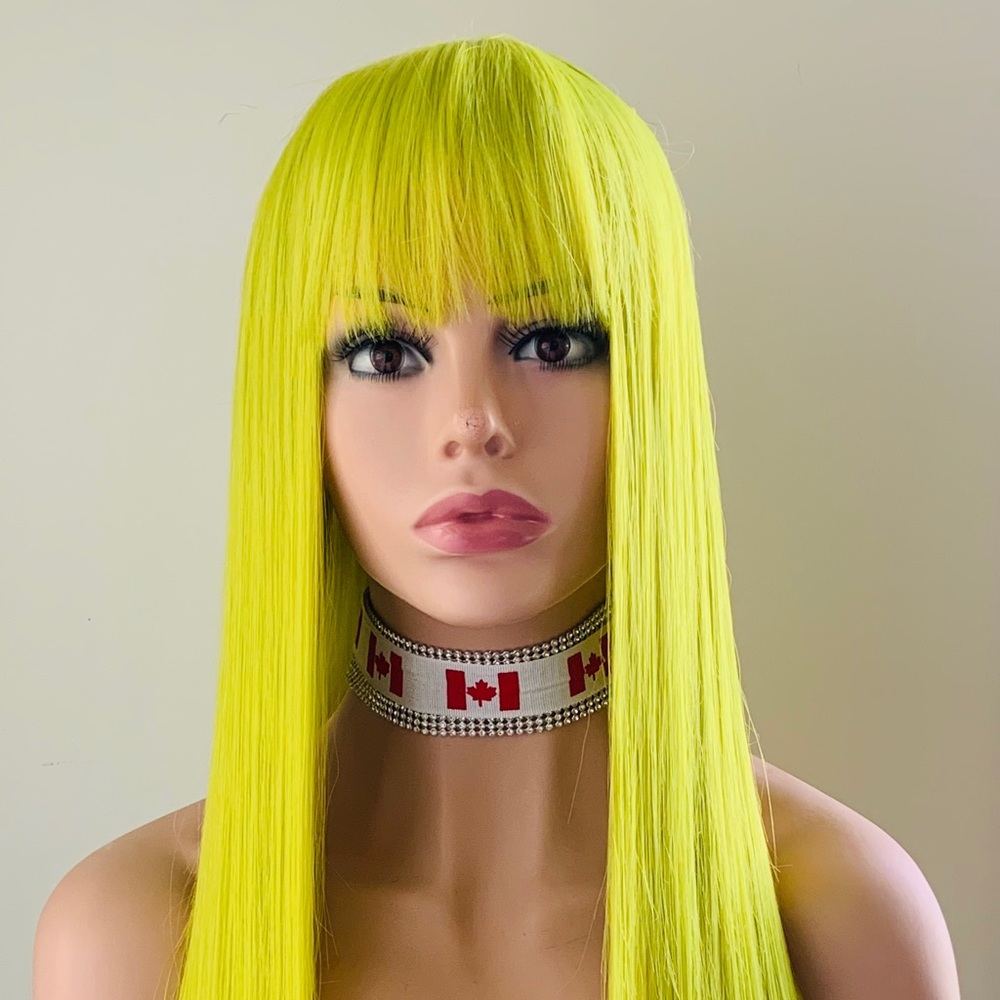 30” Long Straight Green Lemon Premium Fiber Wig with Bangs for Daily Wear/Events